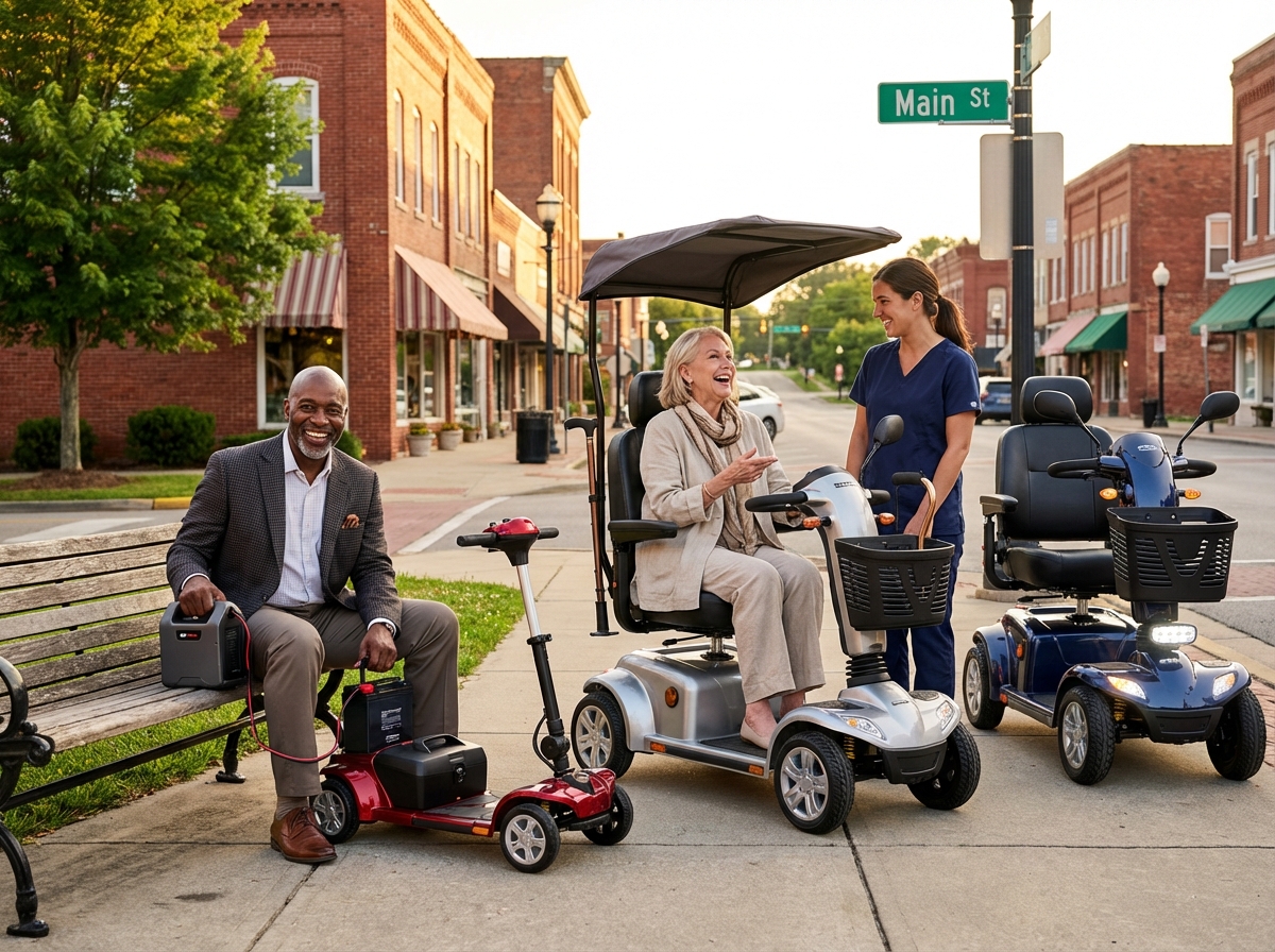 Two seniors using different mobility scooters on a sunny American sidewalk with accessories and a removable battery charging at a bench