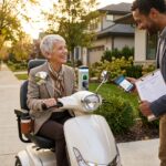 Senior adult on a modern mobility scooter outside their home with caregiver holding a maintenance checklist and a visible smartphone showing a Medicare card, battery charging in background