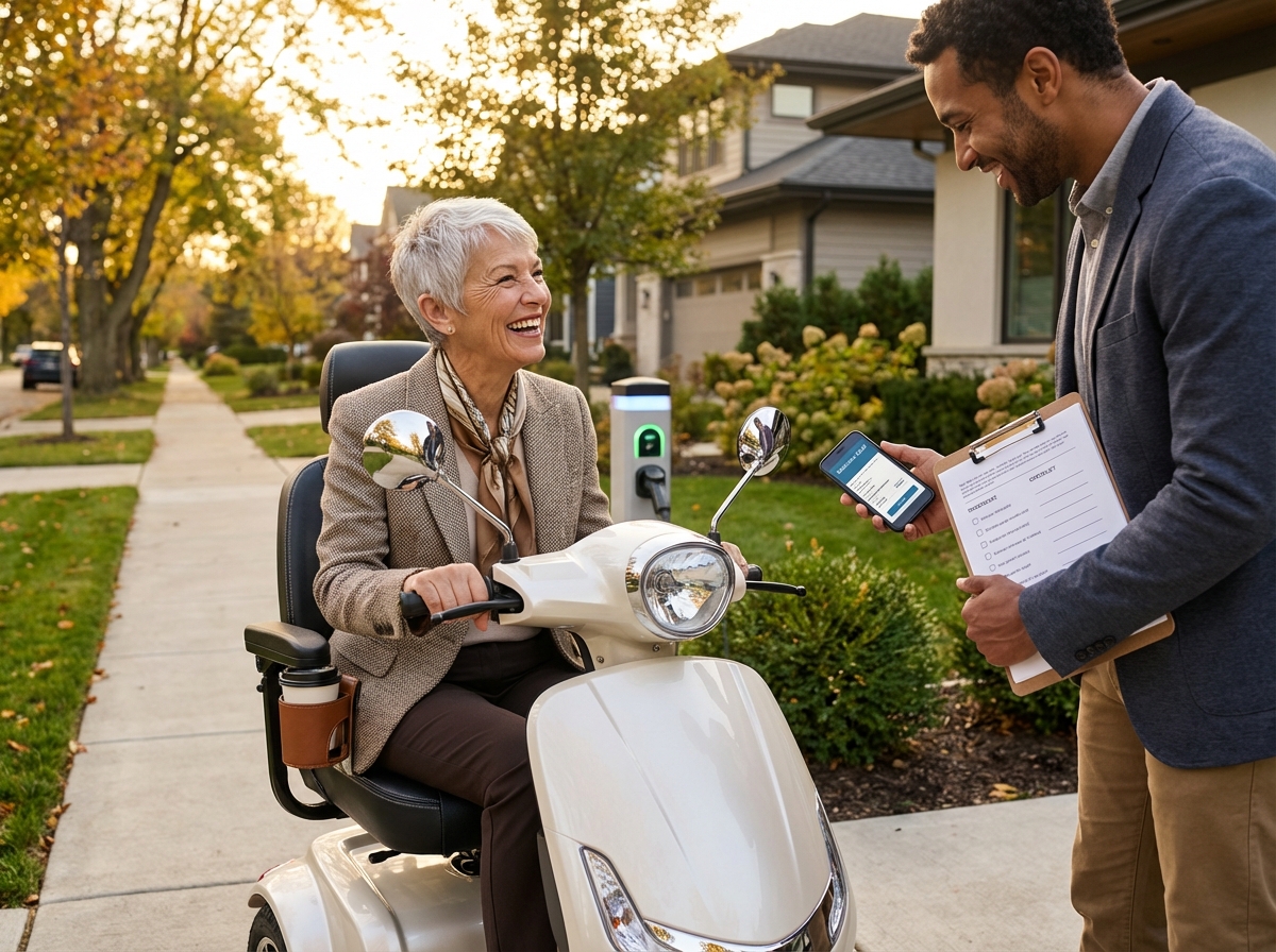Senior adult on a modern mobility scooter outside their home with caregiver holding a maintenance checklist and a visible smartphone showing a Medicare card, battery charging in background