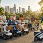 Diverse riders in a sunny U.S. park using modern mobility scooters with accessories, showing a lineup of travel, mid-size and full-size models and a visible battery charger.