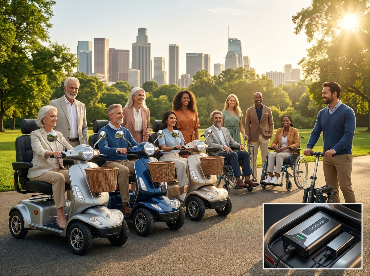 Diverse riders in a sunny U.S. park using modern mobility scooters with accessories, showing a lineup of travel, mid-size and full-size models and a visible battery charger.