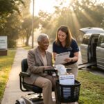 Smiling person on a mobility scooter with medical paperwork on a clipboard and an assistant nearby, outside a community center
