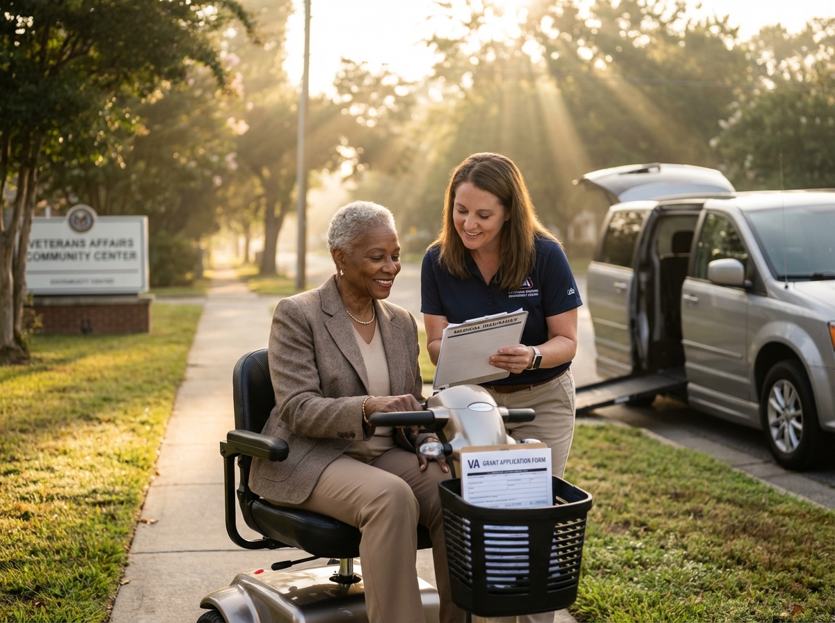 Smiling person on a mobility scooter with medical paperwork on a clipboard and an assistant nearby, outside a community center