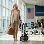 Traveler with a partially folded lightweight mobility scooter at an airport showing battery pack and travel bag