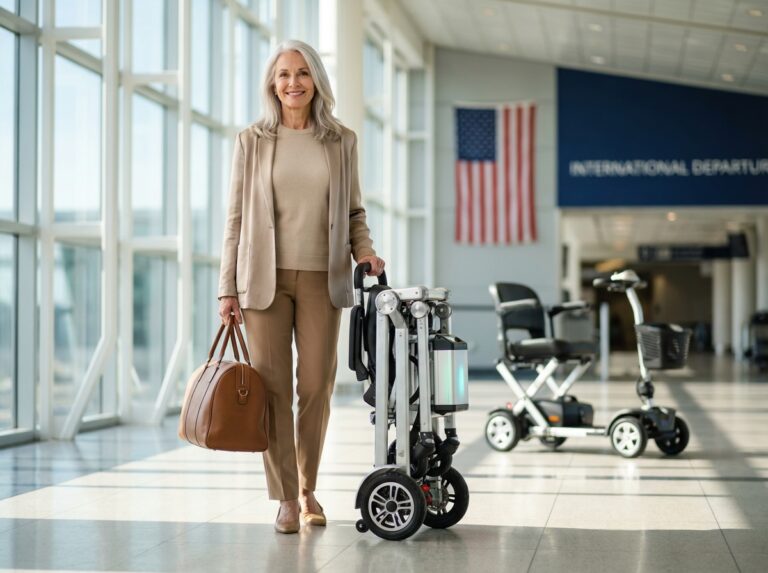 Traveler with a partially folded lightweight mobility scooter at an airport showing battery pack and travel bag