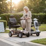 Three-wheel and four-wheel mobility scooters side by side on a suburban sidewalk with a person comparing them and visible accessories