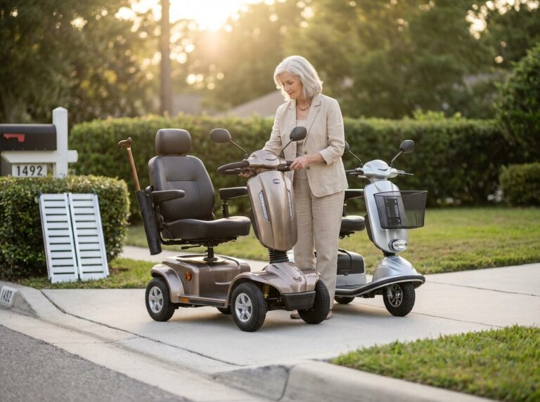 Three-wheel and four-wheel mobility scooters side by side on a suburban sidewalk with a person comparing them and visible accessories