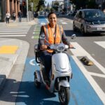 Adult riding a mobility scooter in an urban bike lane with lights and reflectors, driver yielding at a crosswalk, visible curb ramp and accessible streetscape