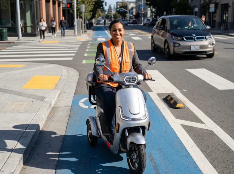 Adult riding a mobility scooter in an urban bike lane with lights and reflectors, driver yielding at a crosswalk, visible curb ramp and accessible streetscape