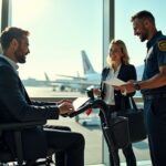 Traveler with a mobility scooter at an airport gate receiving assistance from gate agent and TSA officer, scooter battery visible and protected, airplane at jet bridge in background