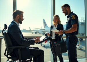 Traveler with a mobility scooter at an airport gate receiving assistance from gate agent and TSA officer, scooter battery visible and protected, airplane at jet bridge in background