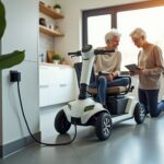 Mobility scooter being safely charged indoors with charger connected, close up of battery compartment and LED indicator