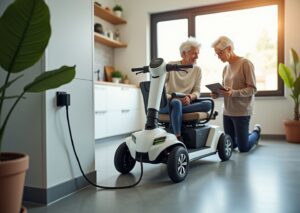 Mobility scooter being safely charged indoors with charger connected, close up of battery compartment and LED indicator