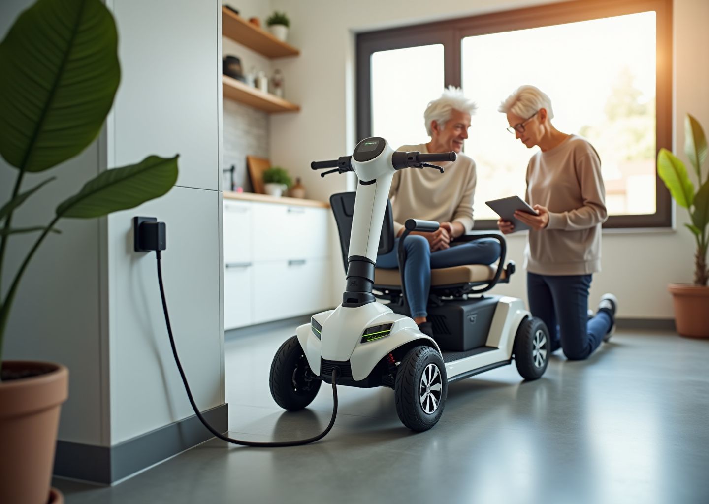 Mobility scooter being safely charged indoors with charger connected, close up of battery compartment and LED indicator