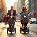 Two people on mobility scooters riding safely on a city sidewalk next to a bike lane and low-traffic street, wearing visibility gear and using accessories