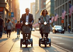 Two people on mobility scooters riding safely on a city sidewalk next to a bike lane and low-traffic street, wearing visibility gear and using accessories