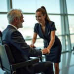 Traveler with a mobility scooter at an airport gate being assisted by airline staff; battery pack and protective cover visible