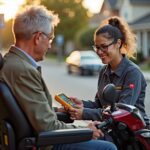 Technician testing a mobility scooter battery with a multimeter on a suburban sidewalk while the rider watches