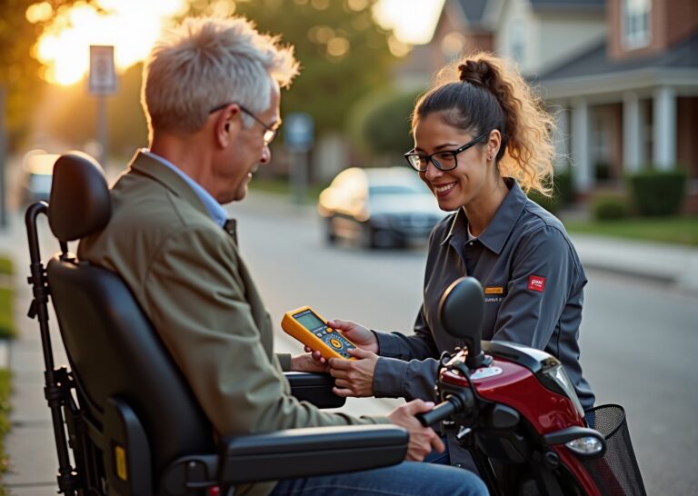 Technician testing a mobility scooter battery with a multimeter on a suburban sidewalk while the rider watches