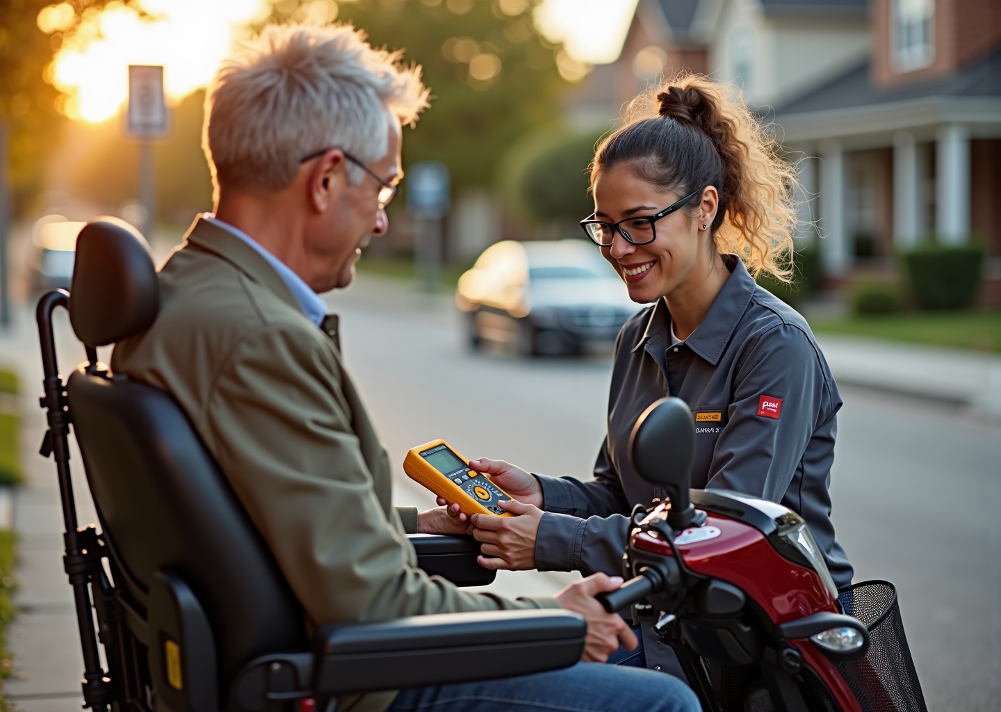 Technician testing a mobility scooter battery with a multimeter on a suburban sidewalk while the rider watches
