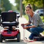 Person troubleshooting a mobility scooter battery with a multimeter on a sunny suburban sidewalk; scooter tiller and battery pack visible