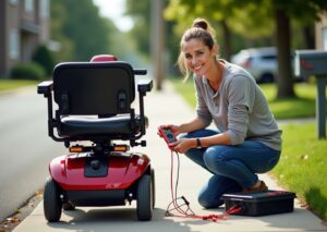 Person troubleshooting a mobility scooter battery with a multimeter on a sunny suburban sidewalk; scooter tiller and battery pack visible
