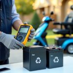 Mobility scooter with open battery compartment, technician checking battery with multimeter, lithium and AGM batteries and a smart charger visible outdoors.