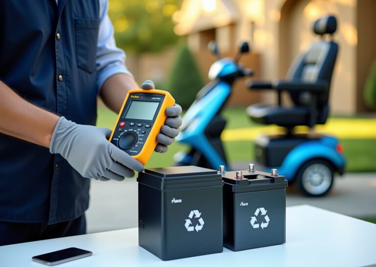 Mobility scooter with open battery compartment, technician checking battery with multimeter, lithium and AGM batteries and a smart charger visible outdoors.
