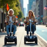 Two people on mobility scooters on a city sidewalk with a faint U.S. map background, showing safety accessories and charger nearby