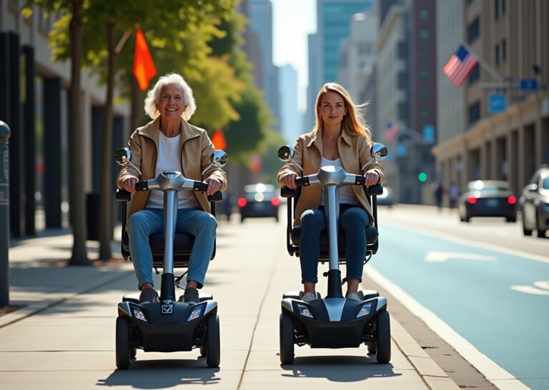 Two people on mobility scooters on a city sidewalk with a faint U.S. map background, showing safety accessories and charger nearby